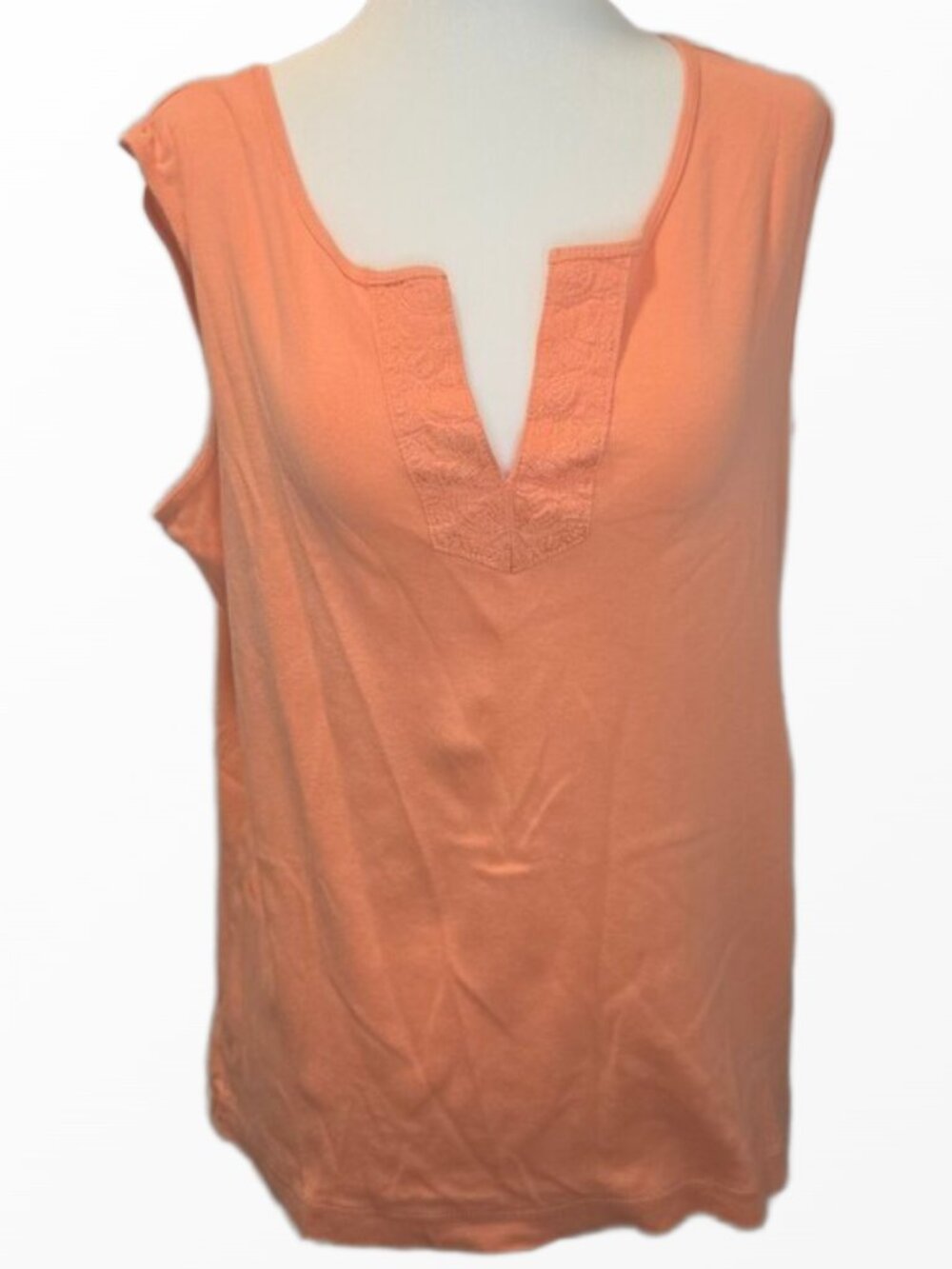 Dressbarn Peach Split V Neck Embroidered Sleeveless Boho Casual Feminine Top XL